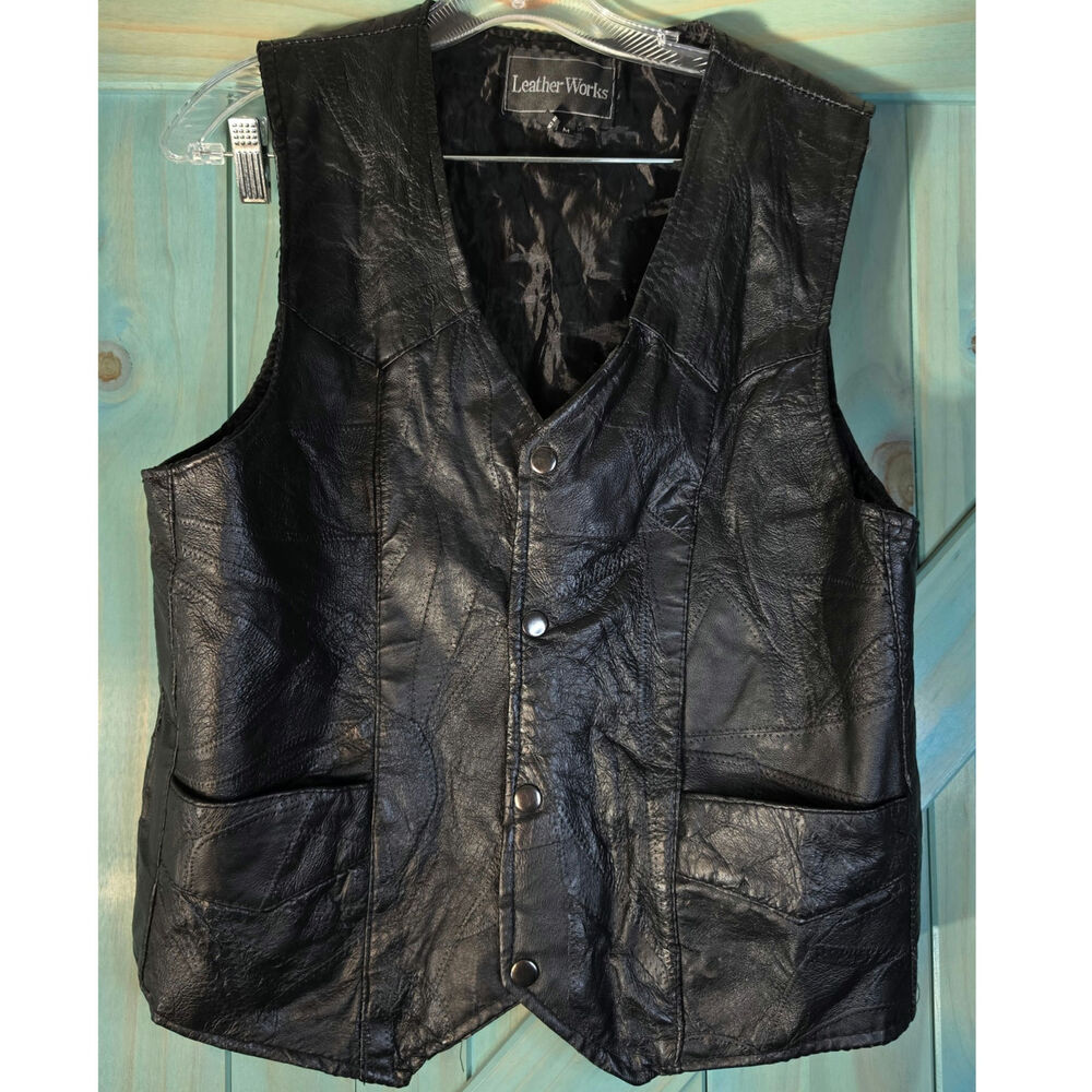 Black Leather Works Patchwork Vest Front Snap-button Closure Lower Front Pockets